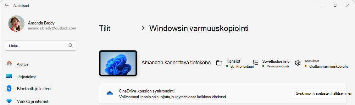 Näyttökuva Asetuksista, joissa näkyy Windowsin varmuuskopioinnin tila.