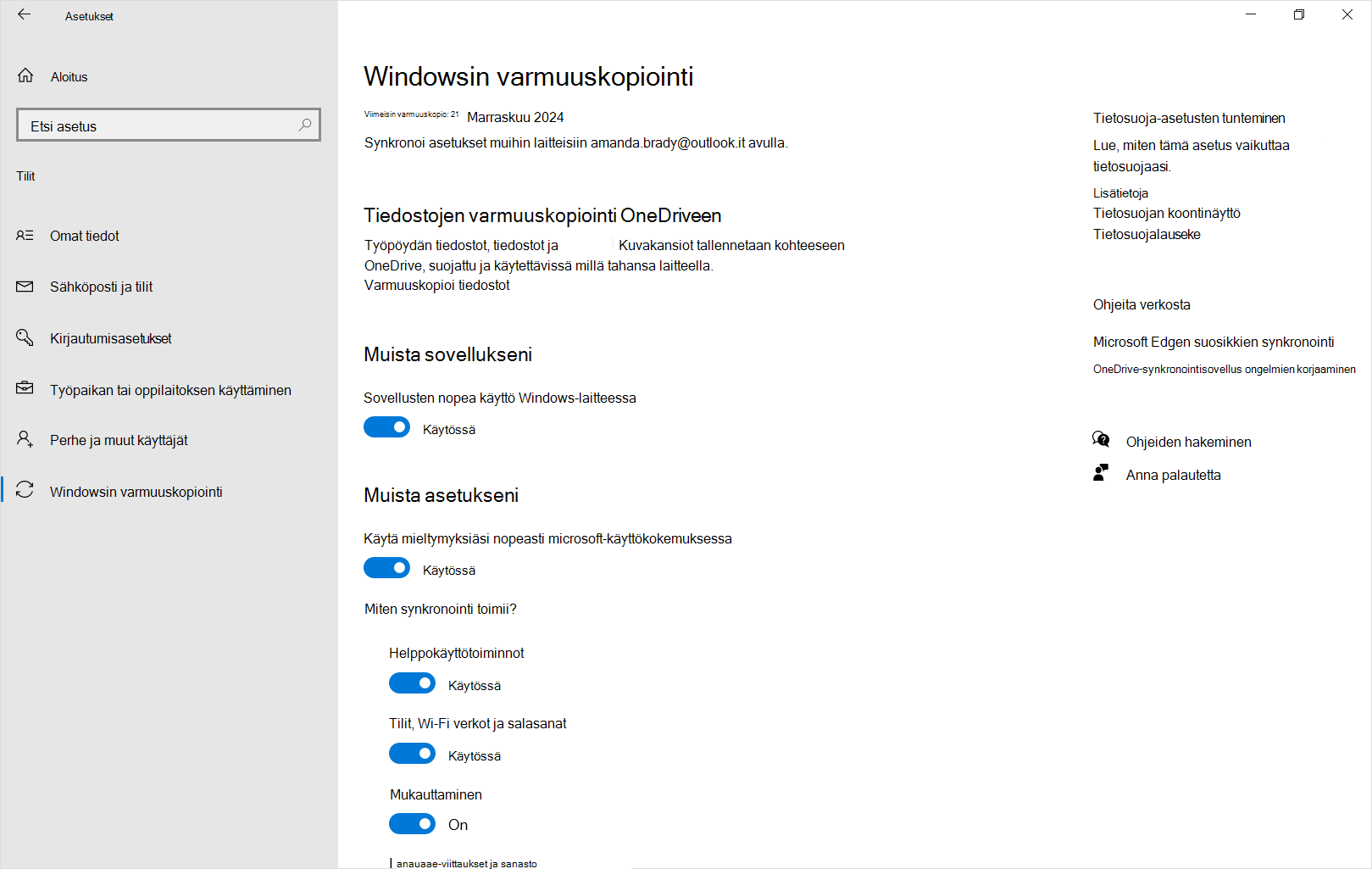 Näyttökuva Windowsin asetusten varmuuskopioinnista Windows 10.