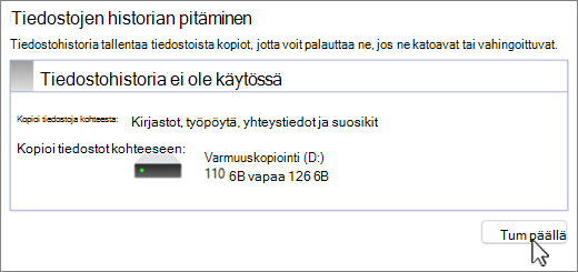 Näyttökuva Windowsin tiedostohistorian varmuuskopioinnin määrityksestä.
