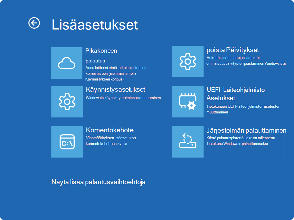 Näyttökuva Windows RE, jossa näkyvät lisäasetukset ja uusi QMR-merkintä.