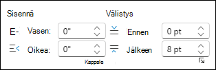 Sisennyksen ja välien muuttaminen Word verkkoversiossa