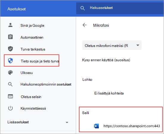 Chromen mikrofonin käyttöoikeusasetusten sivu