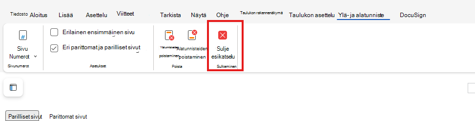Ylä- ja alatunnisteen esikatselun sulkeminen verkossa
