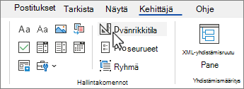 Kehitystyökalut-välilehti, jossa On valittuna Rakennetila-painike