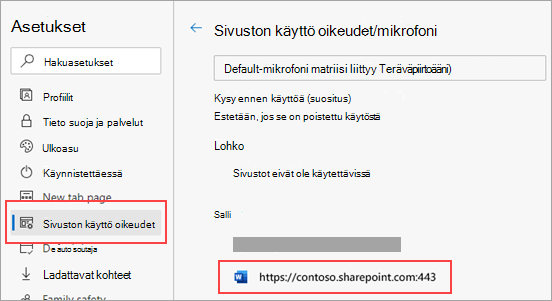 Microsoft Edgen mikrofonin käyttöoikeusasetusten sivu