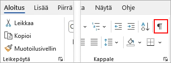 Näytä/Piilota-kuvake näkyy korostettuna Aloitus-välilehdessä.