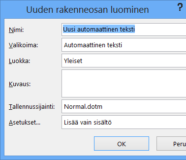 Uuden rakenneosan luominen -valintaikkuna