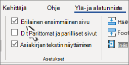 Ylätunnisteen valintanauhan vaihtoehdot ja Erilainen ensimmäinen sivu valittuna