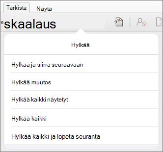Hylkää muutokset -valikko