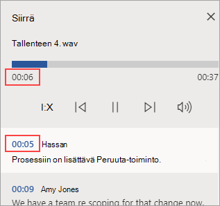 Toistettava osa on korostettuna