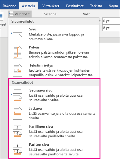 Osanvaihtotyypit näkyvät Asettelu-välilehdessä korostettuina.