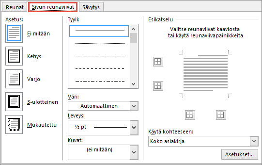Word 2010:n Reunat ja sävytys -valintaikkunan Sivun reuna -välilehti