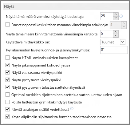 Word 2013:n näyttöasetukset