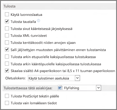 Word 2013:n tulostusasetukset