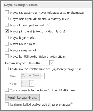 Word 2013:n Näytä asiakirjan sisältö -asetukset