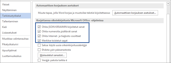 Sanojen ohittamisen asetukset oikeinkirjoitusta tarkistettaessa