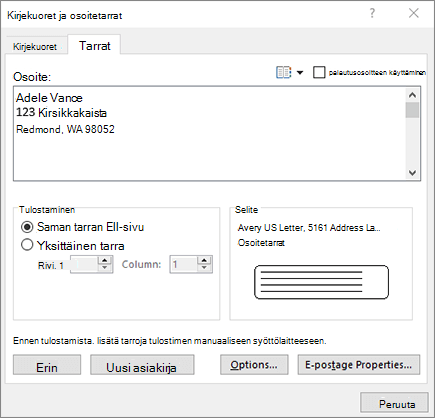 Kirjekuori ja tarrat -valintaikkuna – tarrat