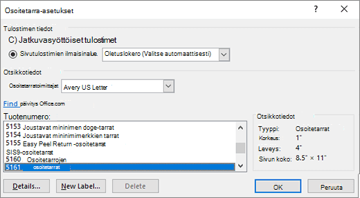 Tarra-asetusten valintaikkuna