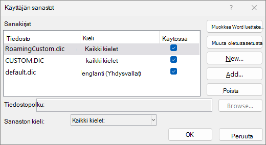 Mukautettu sanasto -valintaikkuna