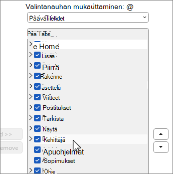 Valintanauhan mukauttaminen -valintaikkuna, jossa kehittäjä on valittuna
