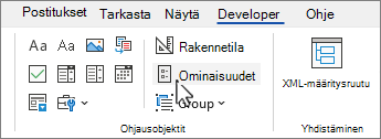 Kehitystyökalut-välilehti, jossa ohjausobjektin ominaisuudet -painike on valittuna