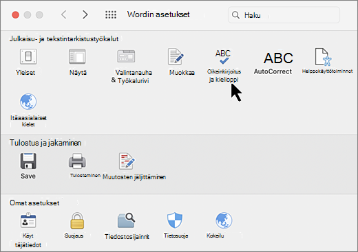 Macin asetukset -valintaikkuna, jossa Oikeinkirjoitus on valittuna
