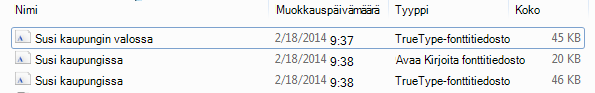 Puretun tiedoston fonttiluettelo.