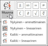 Kuva Muunna-valikosta, jossa näkyvät kaavan muuntamisen muotovaihtoehdot.