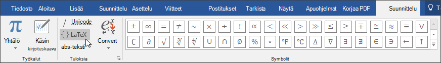 Kuva Rakenne-välilehdestä, jossa näkyvät LaTex-muodossa käytettävissä olevat kaavamuodot.