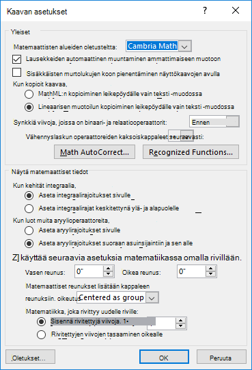 Kuva Kaavan asetukset -valintaikkunasta