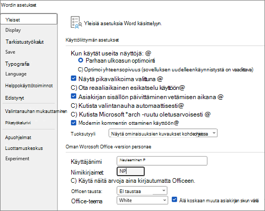 Word 2016/2013 Yleiset asetukset -valikko