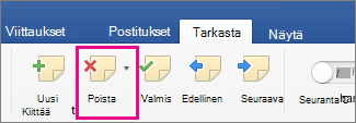 Tarkista-välilehden Poista kommentti -kohta on korostettuna