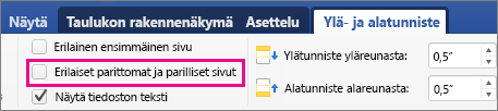 Erilaiset parittomat ja parilliset sivut näkyvät ylätunnisteet & alatunnisteet -välilehdessä