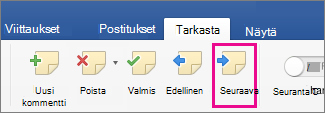 Tarkista-välilehden Kommentit-ryhmän Seuraava kommentti -kohta on korostettuna.