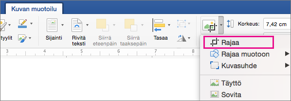 Kuvan muotoilu -välilehdessä näkyy Rajaa-vaihtoehto korostettuna.