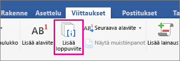 Viittaukset-välilehden Loppuviite-painike on korostettuna