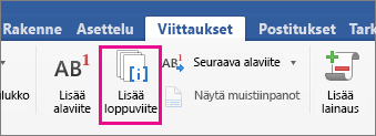 Viittaukset-välilehden Alaviite-painike on korostettuna