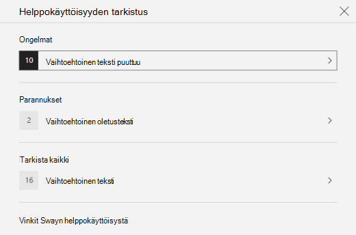 Helppokäyttöisyyden tarkistus -ruutu, jossa näkyvät vaihtoehtoiseen tekstiin liittyvät ongelmat Swayssa.