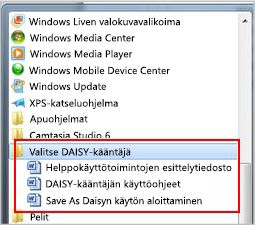 Käynnistä-valikko, jossa Daisy-tiedostot näkyvät asennuksen jälkeen