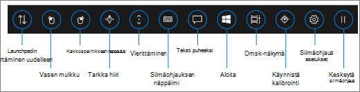 Silmäohjauksen käynnistyspalkissa on painikkeita, joiden avulla voit sijoittaa käynnistyspalkin uudelleen, aktivoida hiiren vasemman ja oikean napsautuksen painikkeet, käyttää tarkkoja hiiren ja vieritystoimintojen toimintoja, avata silmäohjausnäppäimistön, teksti puheeksi -näppäimistön, Windowsin aloitusvalikon ja tehtävänäkymän. Voit myös kalibroida silmänseurannan, avata silmäohjausasetukset ja keskeyttää silmäohjauksen niin, että se piilottaa käynnistyspalkin.