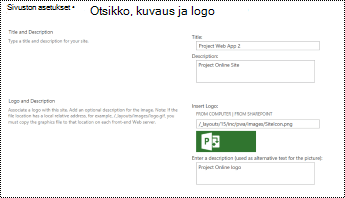 Sivuston kuvaus ja sivuston logon vaihtoehtokuvaus Project Online