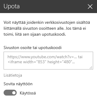 Näyttökuva Upota koodi -valintaikkunasta SharePointissa.