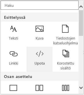 Näyttökuva Upota sisältö -valikosta SharePointissa.