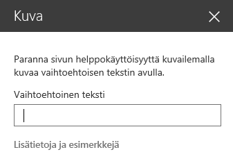 Näyttökuva Kuvan vaihtoehtoinen teksti -valintaikkunasta SharePointissa.