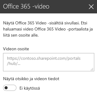 Näyttökuva Office 365:n Lisää Videon osoite -valintaikkunasta SharePointissa.