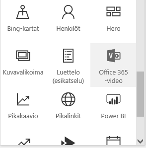 Näyttökuva Office 365 Video -valikkopainikkeesta SharePointissa.