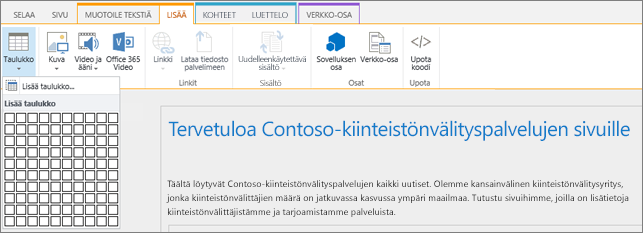 Näyttökuvassa näkyy SharePoint Onlinen valintanauha. Valitse Lisää-välilehti ja määritä sitten uuden taulukon rivien ja sarakkeiden määrä valitsemalla Lisää taulukko.