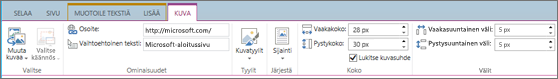 Näyttökuvat SharePoint Onlinen valintanauhan osasta, jossa Kuva-välilehti näkyy valittuna, sekä Valitse-, Ominaisuudet-, Tyylit-, Järjestä-, Koko- ja Välistys-ryhmissä käytettävissä olevat asetukset.