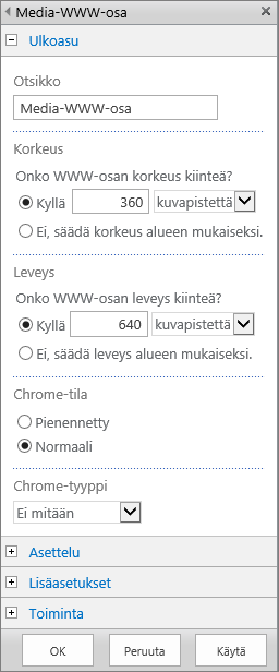 Näyttökuva SharePoint Onlinen Media-verkko-osa-valintaikkunasta, jonka avulla voit määrittää mediatiedostojen ulkoasuun, asetteluun, lisäasetuksiin ja toimintaan liittyviä asetuksia. Ulkoasuun liittyvät asetukset näytetään, mukaan lukien otsikko, korkeus, leveys sekä Chrome-tila ja -tyyppi.
