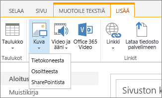 Näyttökuva SharePoint Onlinen valintanauhasta. Valitse Lisää-välilehti ja määritä sitten valitsemalla Kuva, haluatko ladata tiedoston tietokoneesta, verkko-osoitteesta tai SharePoint-sijainnista.